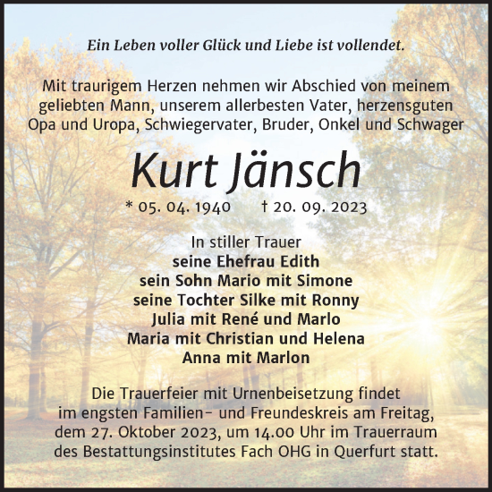 Traueranzeige von Kurt Jänsch von Trauerkombi Merseburg