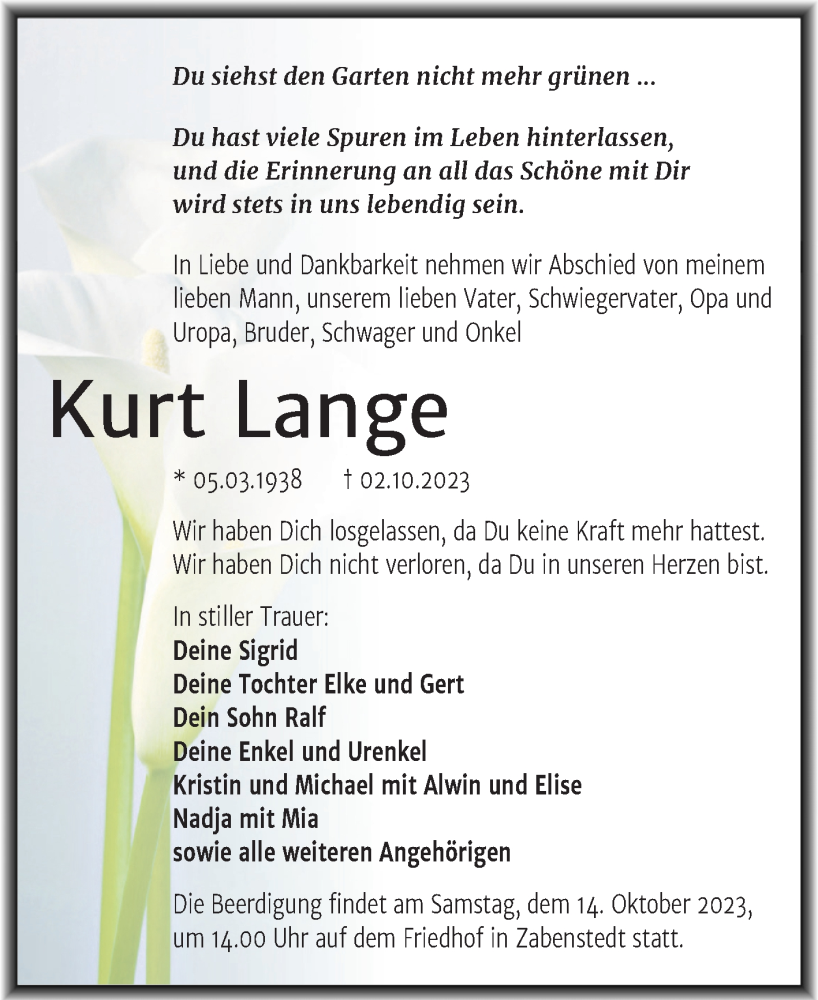  Traueranzeige für Kurt Lange vom 07.10.2023 aus Trauerkombi Mansfelder Land