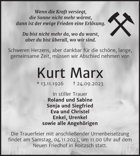 Traueranzeige von Kurt Marx von Trauerkombi Bitterfeld