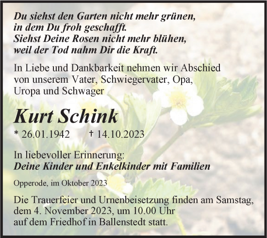 Traueranzeige von Kurt Schink von Trauerkombi Quedlinburg