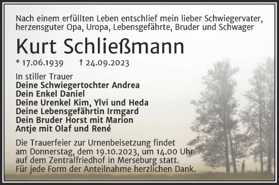 Traueranzeige von Kurt Schließmann von Trauerkombi Merseburg
