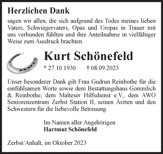 Traueranzeige von Kurt Schönefeld von Volksstimme Zerbst