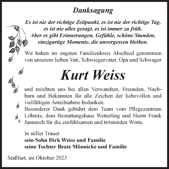 Traueranzeige von Kurt Weiss von Volksstimme Staßfurt
