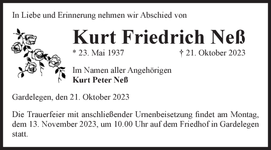 Traueranzeige von Kurt Friedrich Neß von Volksstimme Altmark West