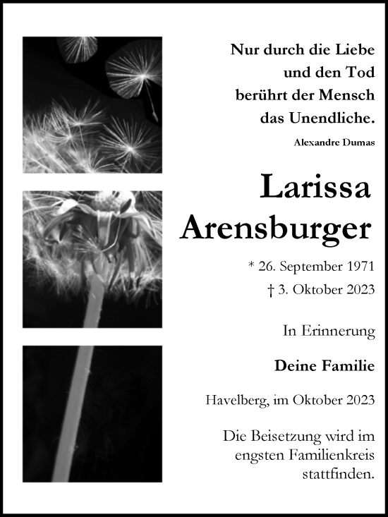 Traueranzeige von Larissa Arensburger von Volksstimme Altmark Ost