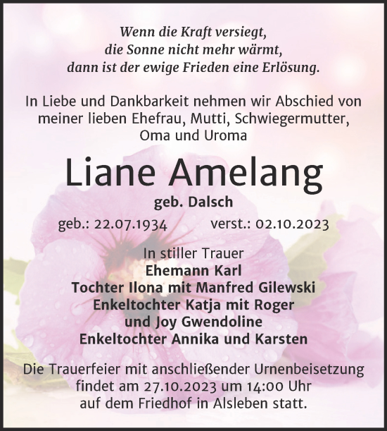 Traueranzeige von Liane Amelang von Trauerkombi Bernburg