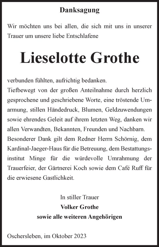 Traueranzeige von Lieselotte Grothe von Volksstimme Oschersleben/Wanzleben