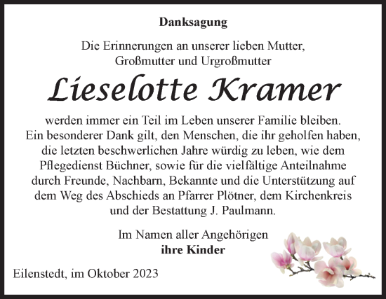 Traueranzeige von Lieselotte Kramer von Volksstimme Halberstadt