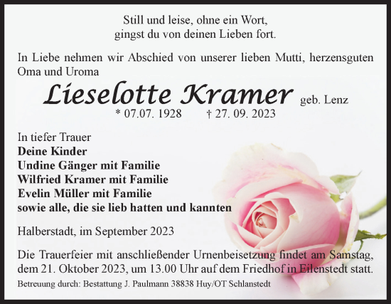 Traueranzeige von Lieselotte Kramer von Volksstimme Halberstadt