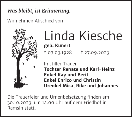Traueranzeige von Linda Kiesche von Trauerkombi Bitterfeld