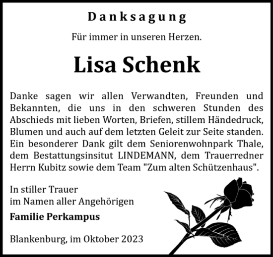 Traueranzeige von Lisa Schenk von Volksstimme Wernigerode