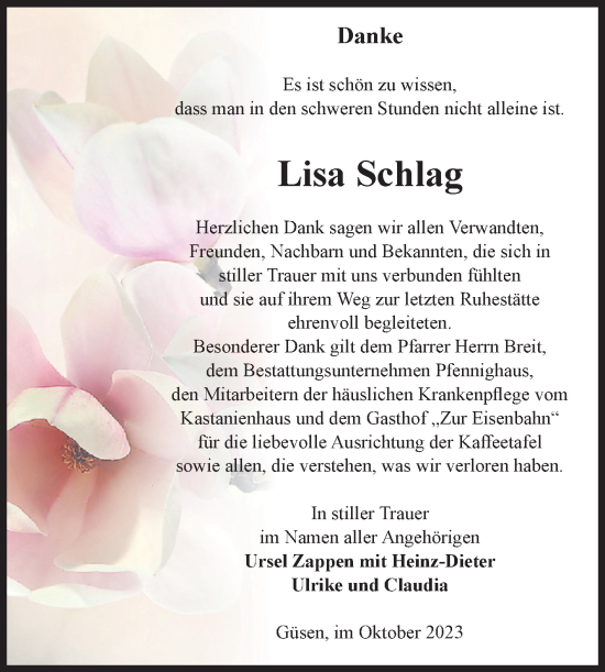 Traueranzeige von Lisa Schlag von Volksstimme Burg/Genthin