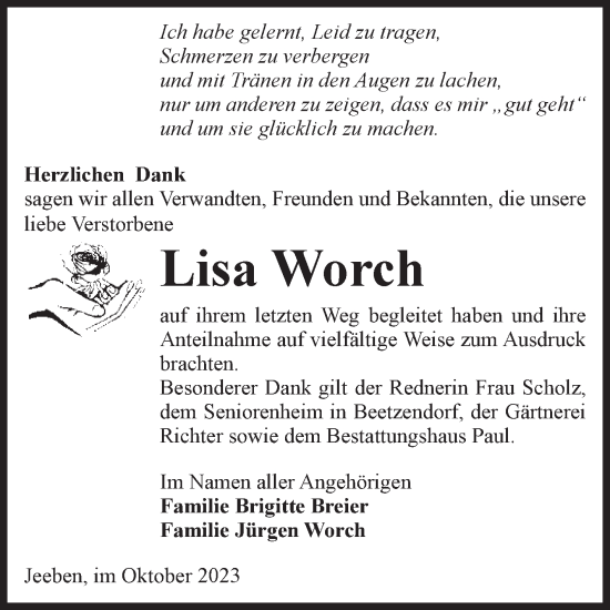 Traueranzeige von Lisa Worch von Volksstimme Altmark West