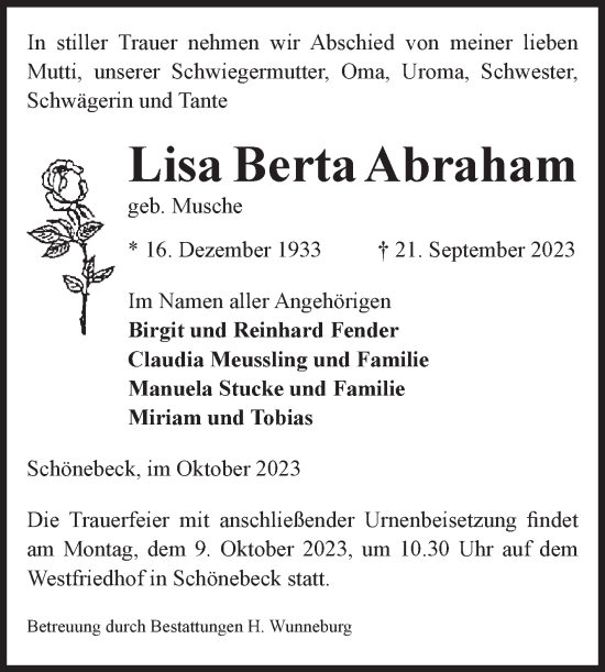 Traueranzeige von Lisa Berta Abraham von Volksstimme Schönebeck