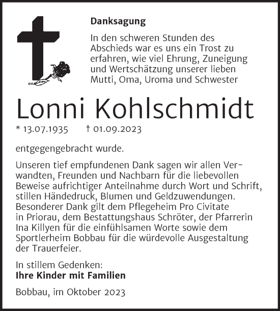 Traueranzeige von Lonni Kohlschmidt von Trauerkombi Bitterfeld