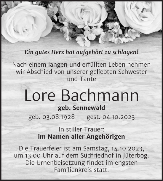Traueranzeige von Lore Bachmann von Mitteldeutsche Zeitung Halle/Saalkreis