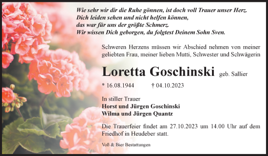 Traueranzeige von Loretta Goschinski von Volksstimme Wernigerode