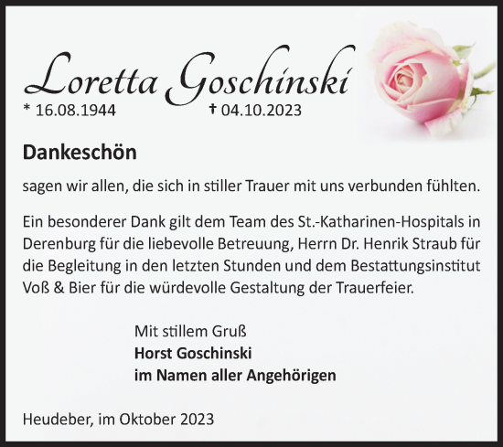 Traueranzeige von Loretta Goschinski von Volksstimme Wernigerode
