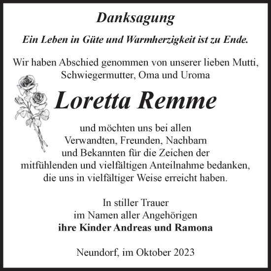 Traueranzeige von Loretta Remme von Volksstimme Staßfurt