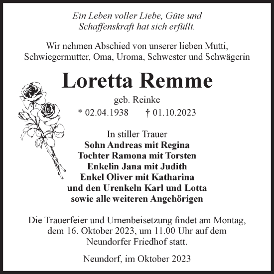 Traueranzeige von Loretta Remme von Volksstimme Staßfurt