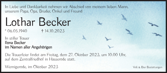 Traueranzeige von Lothar Becker von Volksstimme Wernigerode
