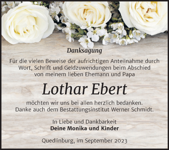 Traueranzeige von Lothar Ebert von Trauerkombi Quedlinburg