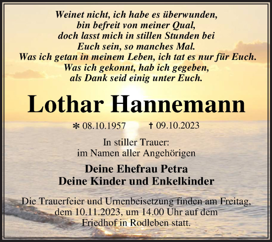 Traueranzeige von Lothar Hannemann von Trauerkombi Dessau