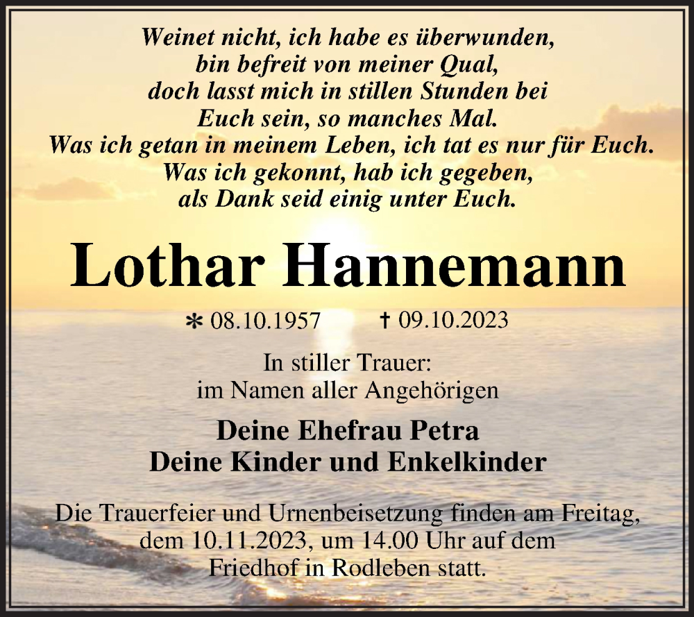  Traueranzeige für Lothar Hannemann vom 21.10.2023 aus Trauerkombi Dessau