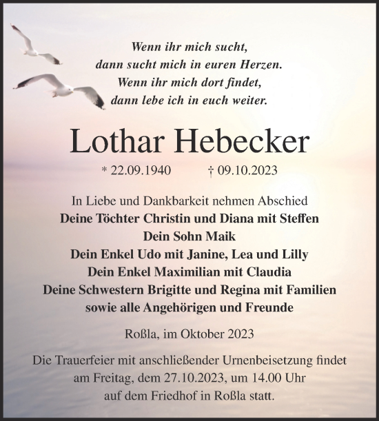Traueranzeige von Lothar Hebecker von Trauerkombi Sangerhausen