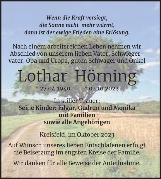 Traueranzeige von Lothar Hörning von Trauerkombi Mansfelder Land