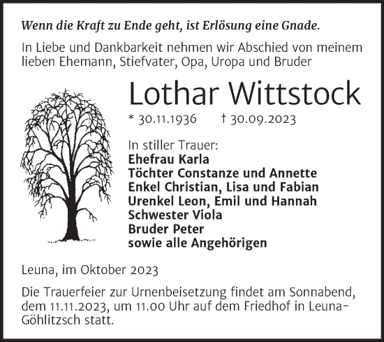 Traueranzeige von Lothar Wittstock von Trauerkombi Merseburg