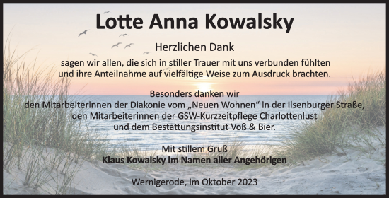 Traueranzeige von Lotte Anna Kowalsky von Volksstimme Wernigerode