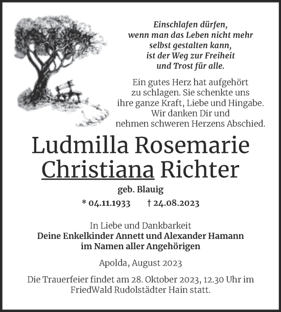 Traueranzeige von Ludmilla Rosemarie Christiana Richter von Mitteldeutsche Zeitung Mansfelder Land