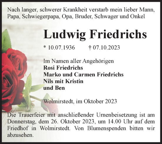 Traueranzeige von Ludwig Friedrichs von Volksstimme Haldensleben/Wolmirstedt