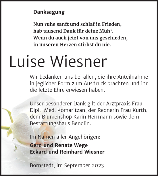 Traueranzeige von Luise Wiesner von Trauerkombi Mansfelder Land