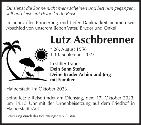 Traueranzeige von Lutz Aschbrenner von Volksstimme Halberstadt