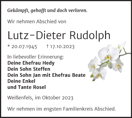 Traueranzeige von Lutz-Dieter Rudolph von Trauerkombi Weißenfels