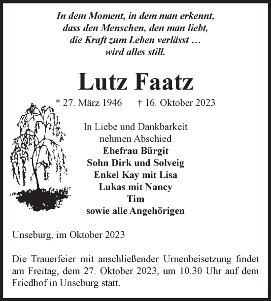 Traueranzeige von Lutz Faatz von Volksstimme Staßfurt