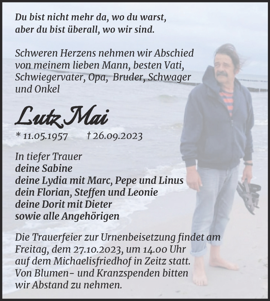  Traueranzeige für Lutz Mai vom 07.10.2023 aus Trauerkombi Zeitz