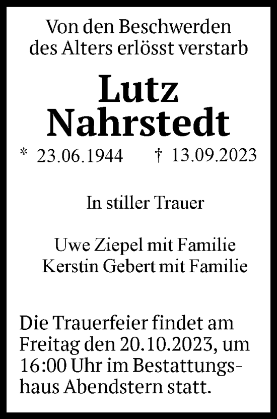 Traueranzeige von Lutz Nahrstedt von Volksstimme Altmark Ost