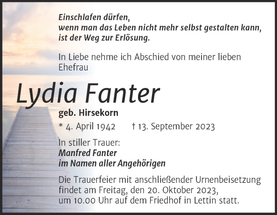 Traueranzeige von Lydia Fanter von Mitteldeutsche Zeitung Halle/Saalkreis