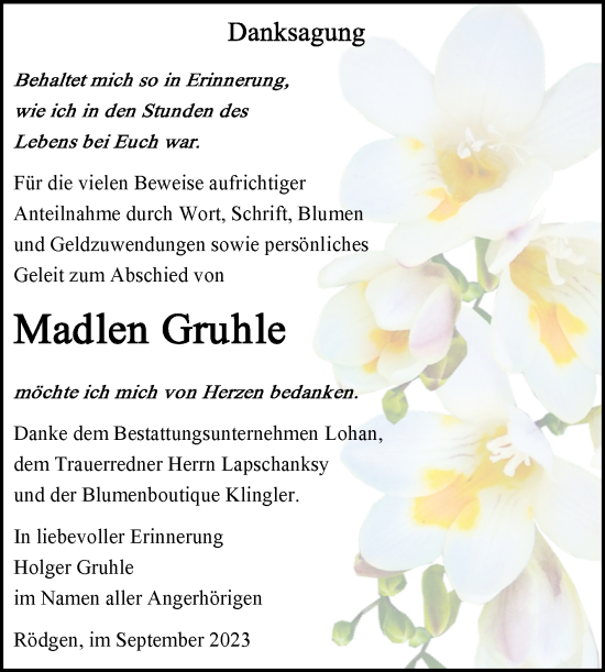 Traueranzeige von Madlen Gruhle von Trauerkombi Bitterfeld