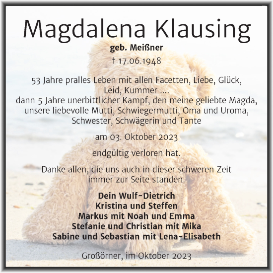 Traueranzeige von Magdalena Klausing von Trauerkombi Mansfelder Land