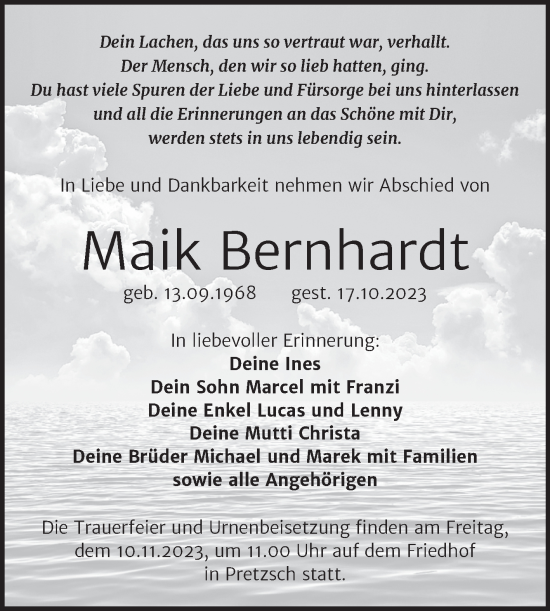 Traueranzeige von Maik Bernhardt von Trauerkombi Wittenberg