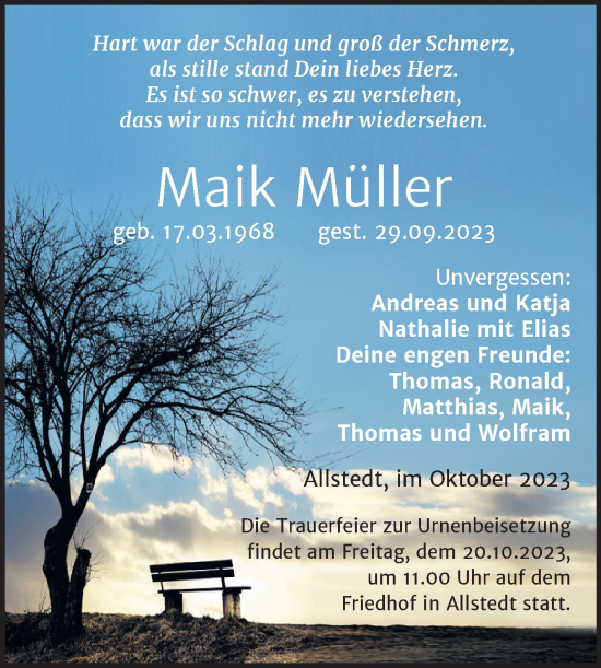 Traueranzeige von Maik Müller von Trauerkombi Sangerhausen