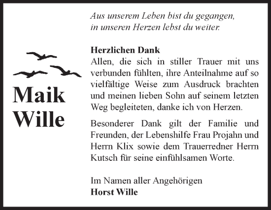Traueranzeige von Maik Wille von Volksstimme Burg/Genthin