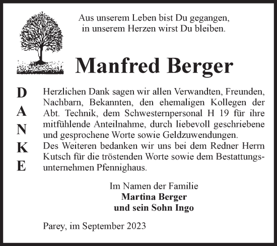 Traueranzeige von Manfred Berger von Volksstimme Burg/Genthin