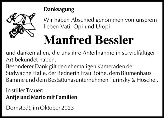 Traueranzeige von Manfred Bessler von Mitteldeutsche Zeitung Halle/Saalkreis