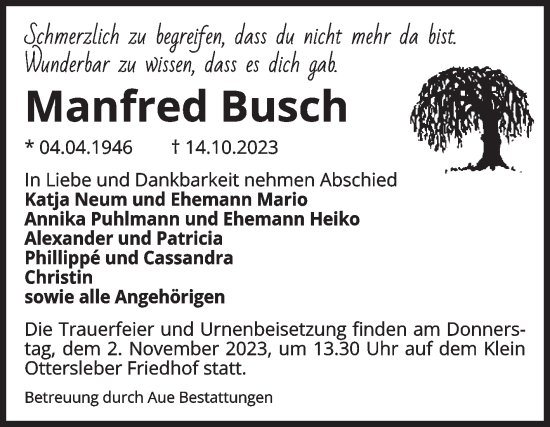 Traueranzeige von Manfred Busch von Volksstimme Oschersleben/Wanzleben