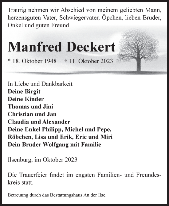 Traueranzeige von Manfred Deckert von Volksstimme Wernigerode